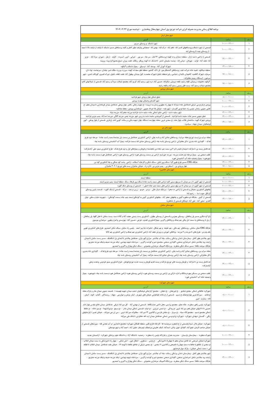 برنامه قطعی برق شهرکرد 1404 | جدول خاموشی برق چهارمحال‌ و بختیاری‌