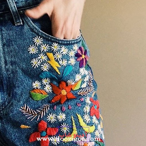 گلدوزی با دست روی شلوار