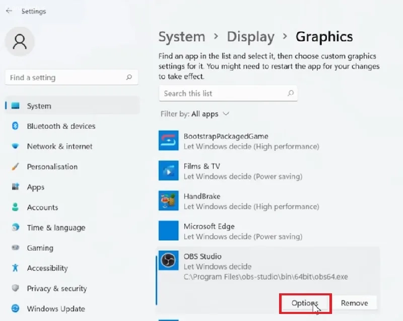 تغییر تنظیمات گرافیک برای رفع مشکل صفحه سیاه OBS