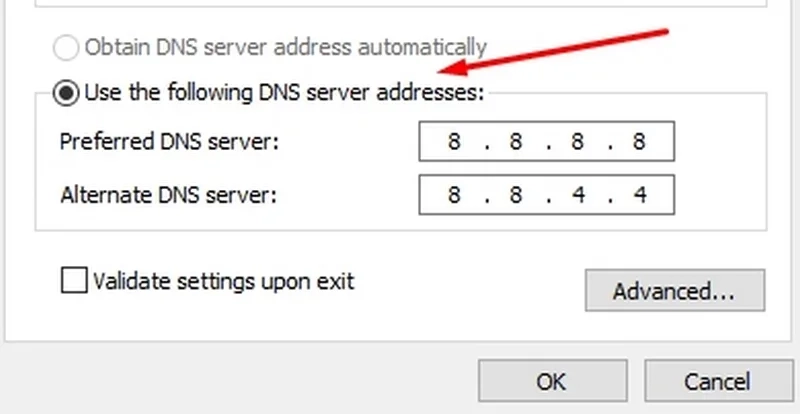 گزینه Use the following DNS server addresses رفع ارور this site can't be reached در ویندوز 11
