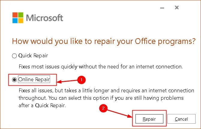رفع ارور برنامه افیس با رپیر یا تعمیر کردن