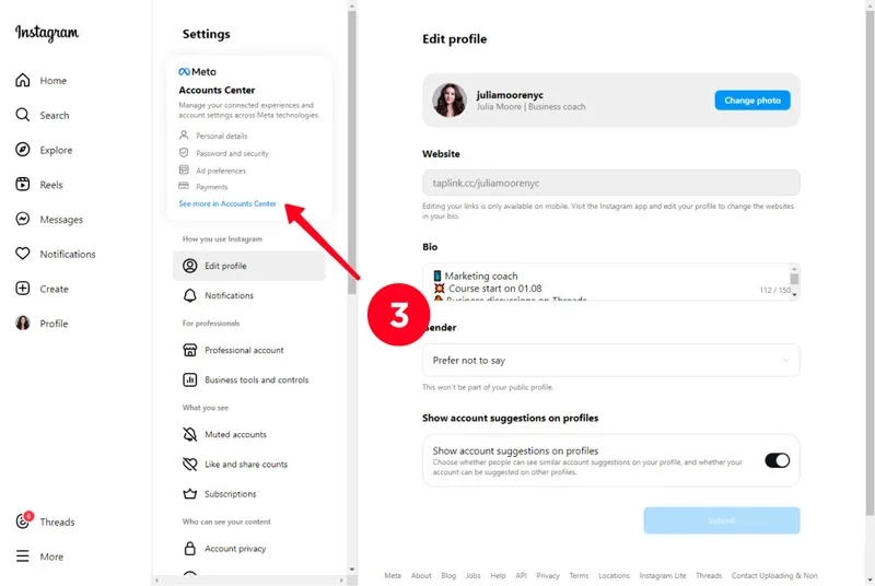تنظیم بخش Account center