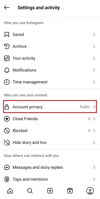 برگشت به حساب شخصی اینستاگرام