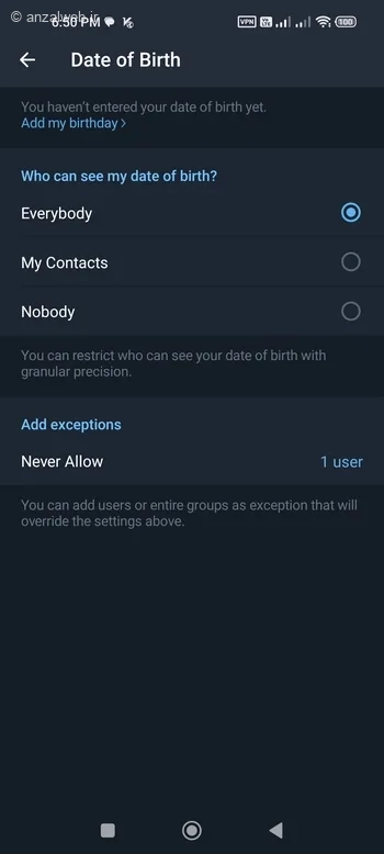 تنظیمات حریم خصوصی نمایش تولد