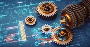 چرخ‌دنده‌های صنعتی با طراحی دیجیتال و داده‌های مهندسی، نماد کاربرد هوش مصنوعی در صنعت و تولید هوشمند