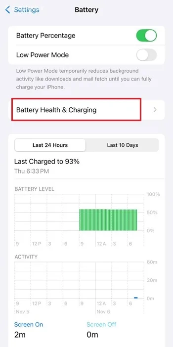 تنظیمات باتری برای رفع ارور Unverified باتری آیفون