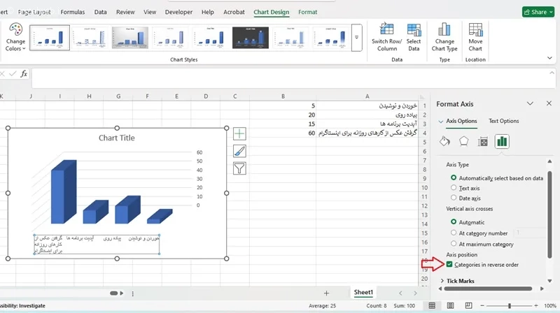 تغییر جهت محور نمودار در اکسل