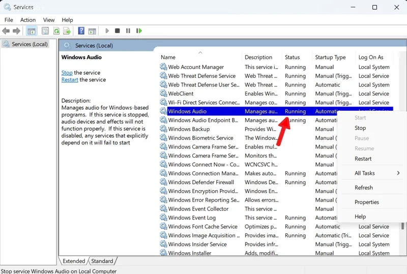 بررسی سرویس Windows Audio برای وضعیت صدا