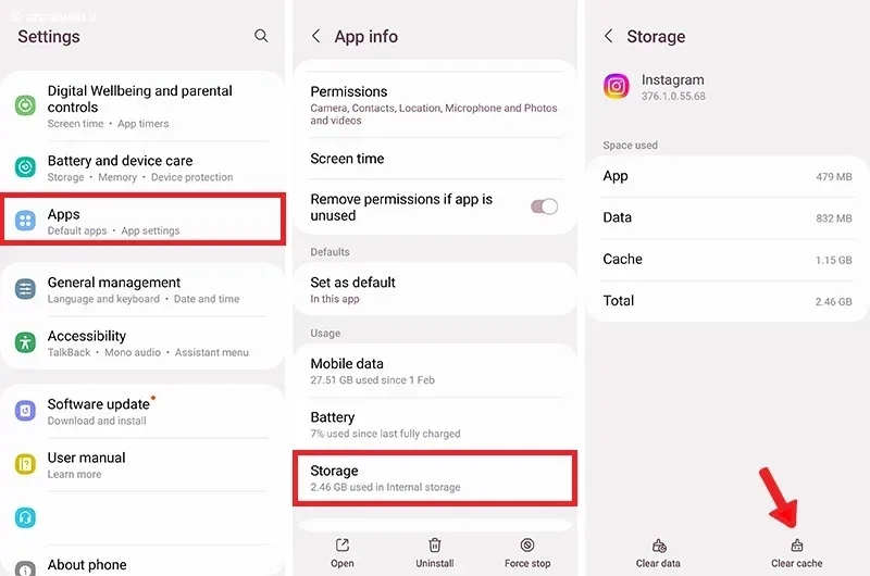 رفع مشکل Disabled accounts can't be contacted اینستاگرام با حذف اطلاعات کش برنامه