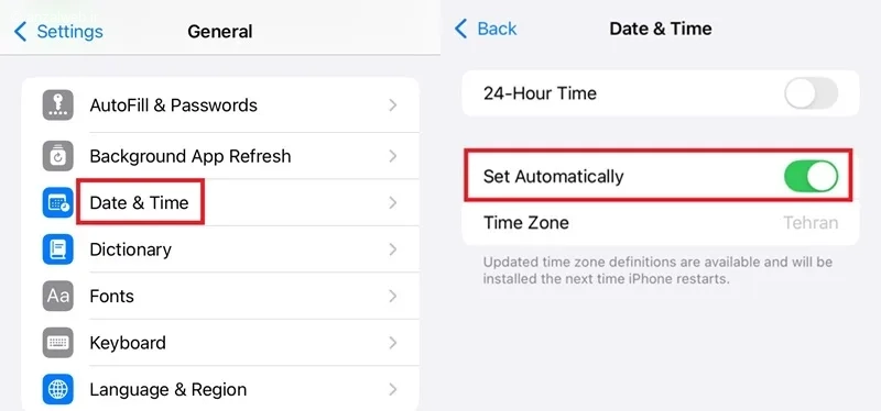 ارسال نشدن پیام در ایفون با تنظیم ساعت و تاریخ