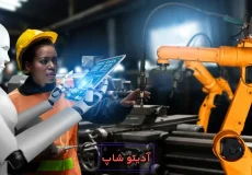 ربات انسان‌نما و یک مهندس زن در حال همکاری در یک کارخانه صنعتی، نمادی از استفاده از هوش مصنوعی در صنعت