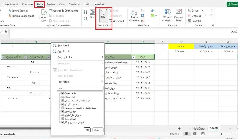 فیلتر کردن داده ها در برنامه حسابداری در اکسل