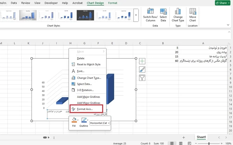 تغییر جهت محور نمودار در اکسل