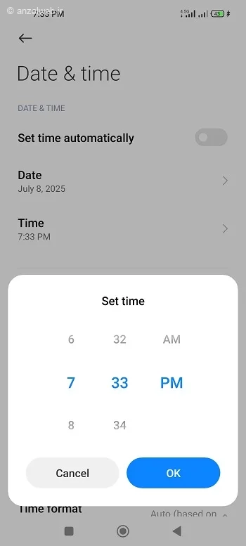 از طریق گزینه‌ Time ساعت را به صورت صحیح دستی تنظیم کنید