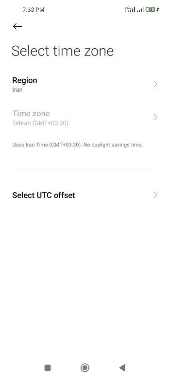 Select time zone روی Iran Standard time و GMT+03:30 