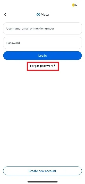 گزینه Forgot password اپ