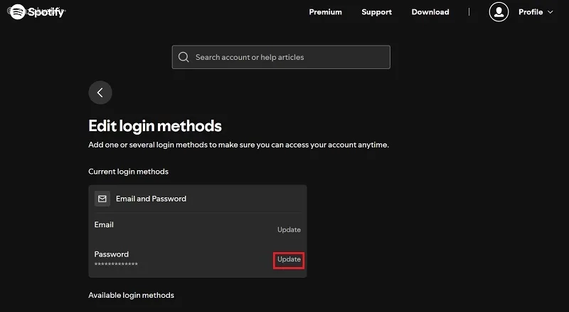 گزینه Update پسورد