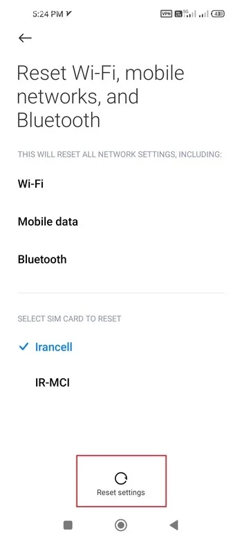 گزینه Reset Settings