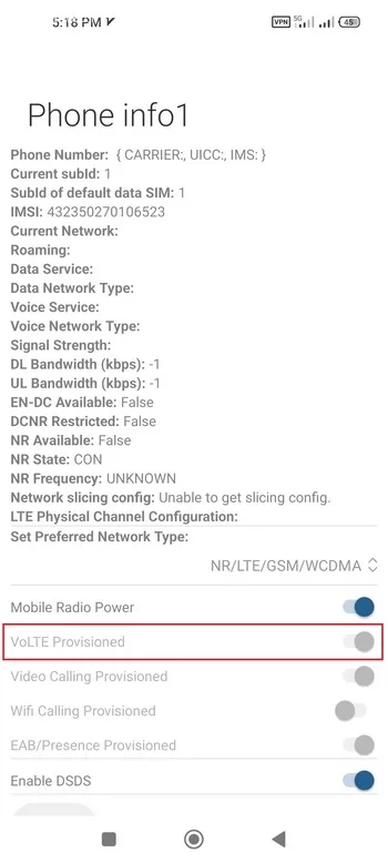 گزینه VoLTE Provisioned