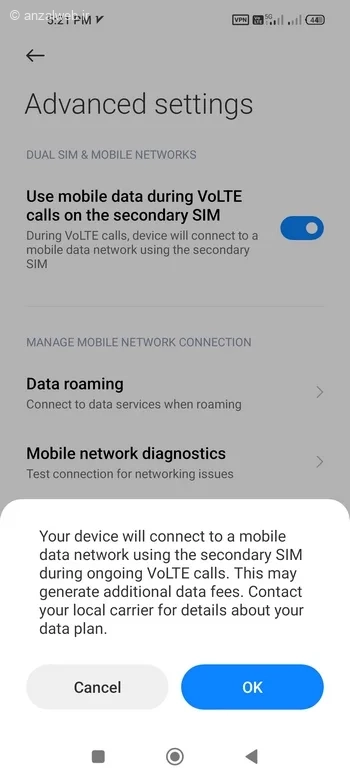 گزینه Use mobile data during volte calls on the secondary SIM