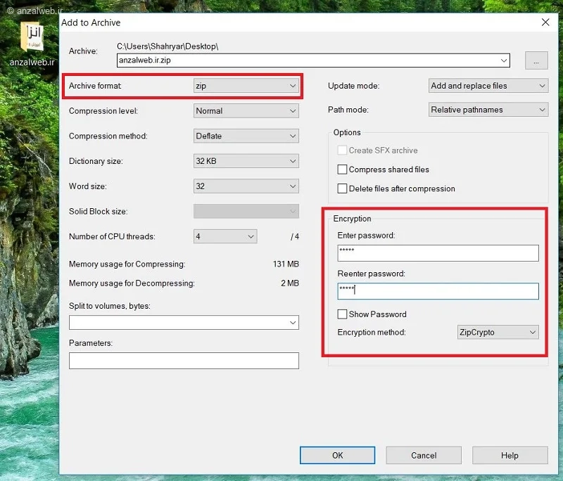 بخش Encryption یک پسورد وارد