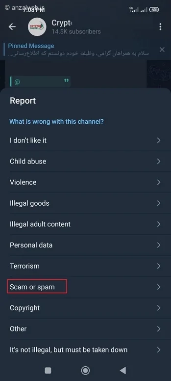 گزینه Report و سپس Scam or Spam را بزنید