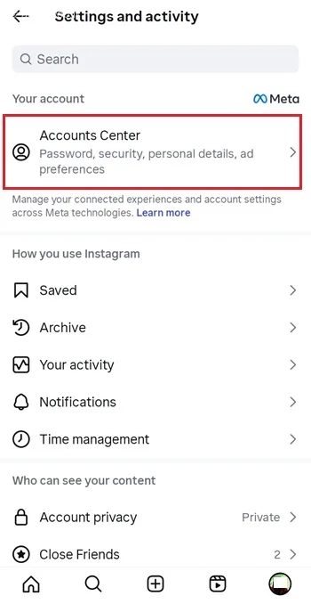 Account center برای تغییر تولد در اینستاگرام