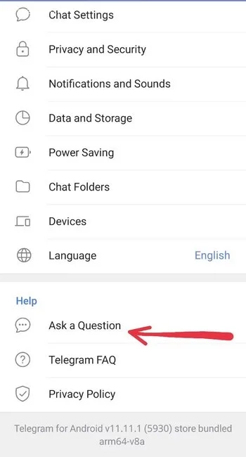 گزینه "پرسیدن سوال" (Ask a Question) راه ارتباط با پشتیبانی تلگرام