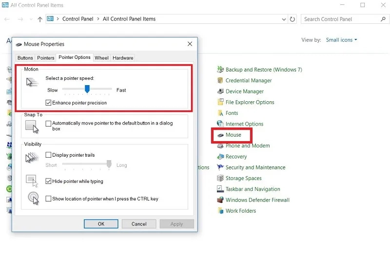 تب Pointer Options