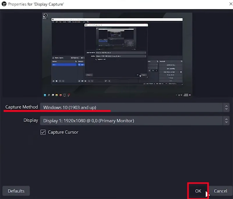 پنجره تنظیمات Display Capture‌ برای رفع مشکل صفحه سیاه OBS