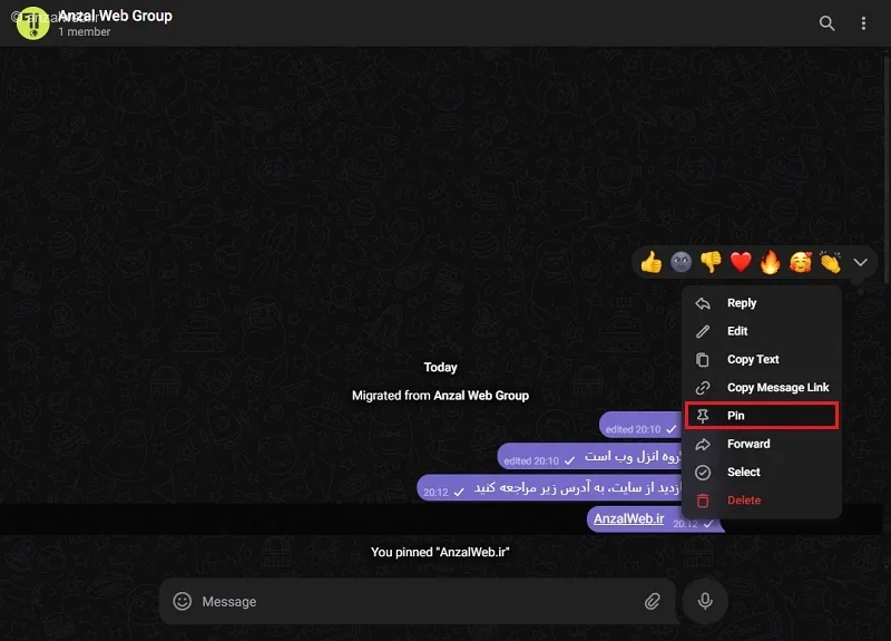 پین کردن پیام در گروه تلگرام وب