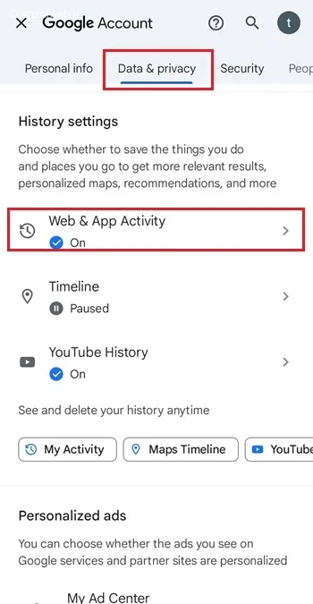 دیدن تاریخچه سرچ گوگل 