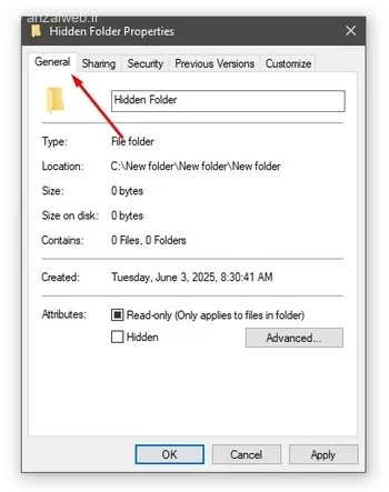 تب "General" قفل کردن پوشه در ویندوز 11