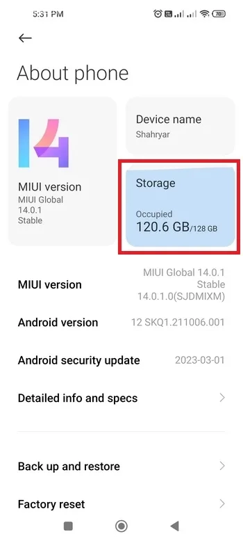 گزینه About Phone گزینه storage