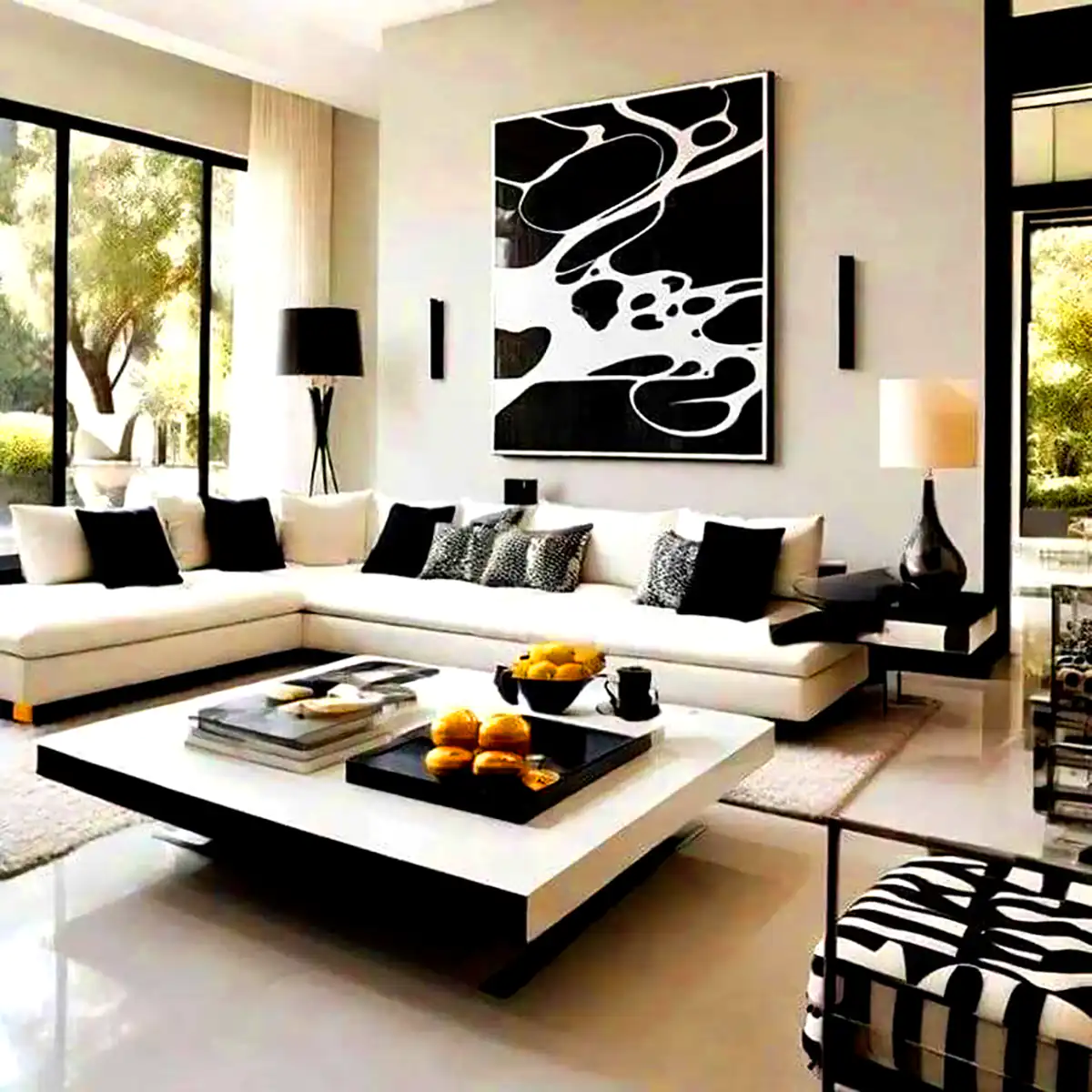 چیدمان سیاه سفید پذیرایی