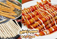 مراحل تهیه استیک سیب زمینی سوخاری شامل برش خمیر، سرخ کردن در روغن و سرو با سس کچاپ و مایونز