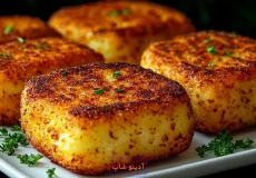 طرز تهیه کتلت سیب زمینی سوخاری مربعی شکل با بافت ترد و طلایی تزیین شده با جعفری خرد شده