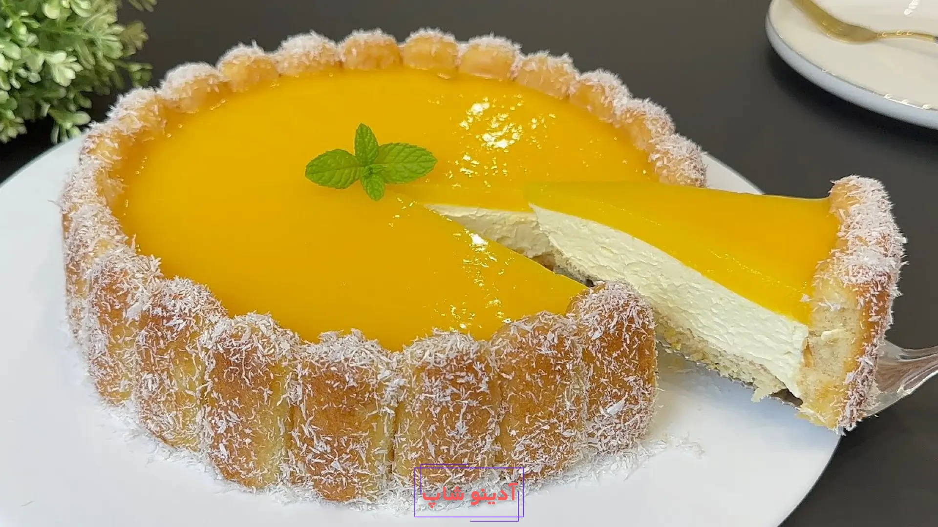کیک شارلوت پرتقالی یخچالی با دیواره بیسکویت لیدی فینگر و روکش ژله ای براق پرتقال و تزیین پودر نارگیل