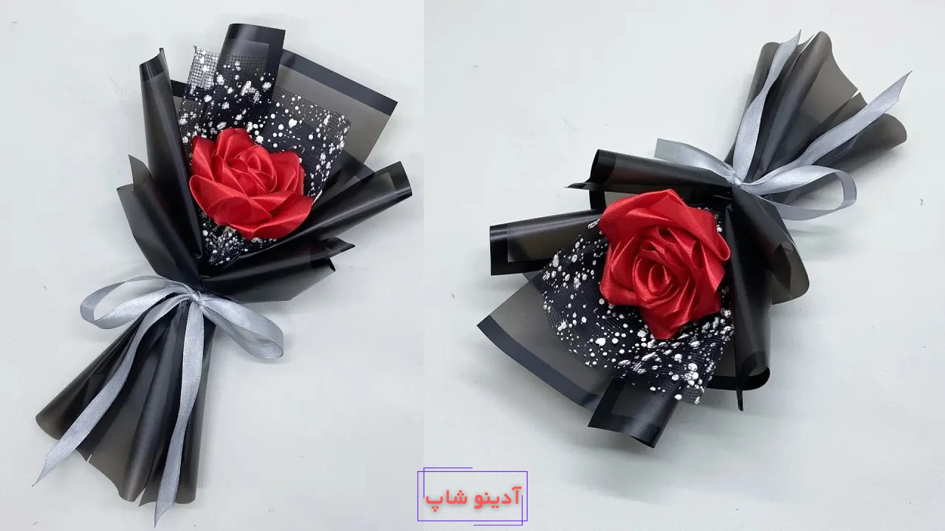دسته گل تک شاخه رز قرمز ساخته شده با روبان ساتن و کاغذ کادو مشکی طرح‌دار