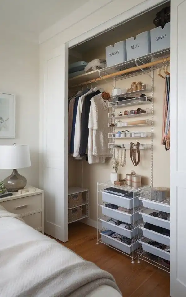 چیدمان کمد دیواری بدون قفسه + نظم و زیبایی بصری کمد دیواری بدون قفسه با چیدمان