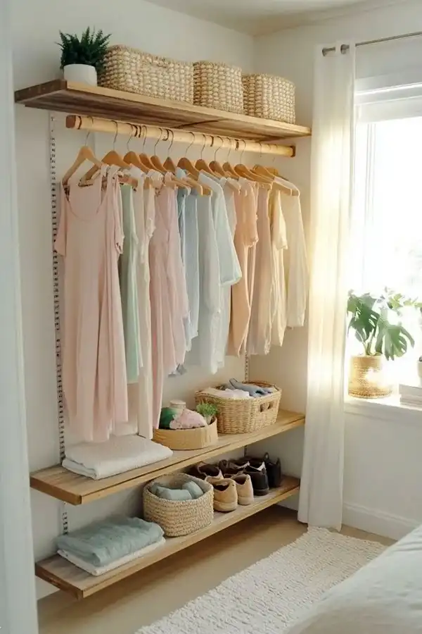 چیدمان کمد دیواری بدون قفسه + نظم و زیبایی بصری کمد دیواری بدون قفسه با چیدمان