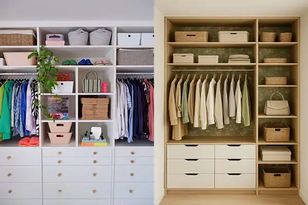 چیدمان کمد دیواری با قفسه + ایده‌های مختلف و بینظیر برای چیدمان کمد دیواری با قفسه