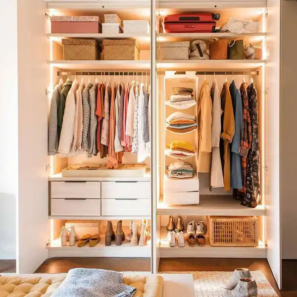 چیدمان کمد دیواری با قفسه + ایده‌های مختلف و بینظیر برای چیدمان کمد دیواری با قفسه