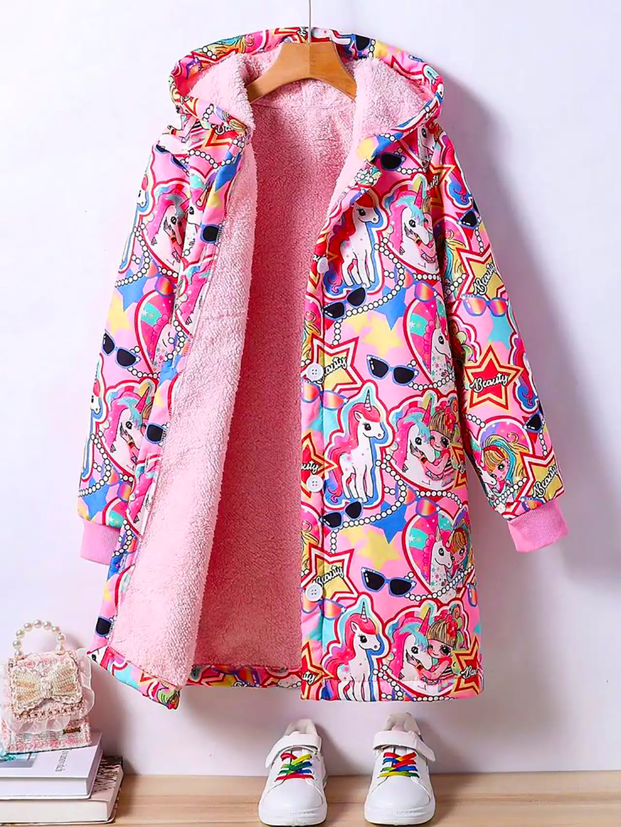 کاپشن صورتی طرح دار بچگانه