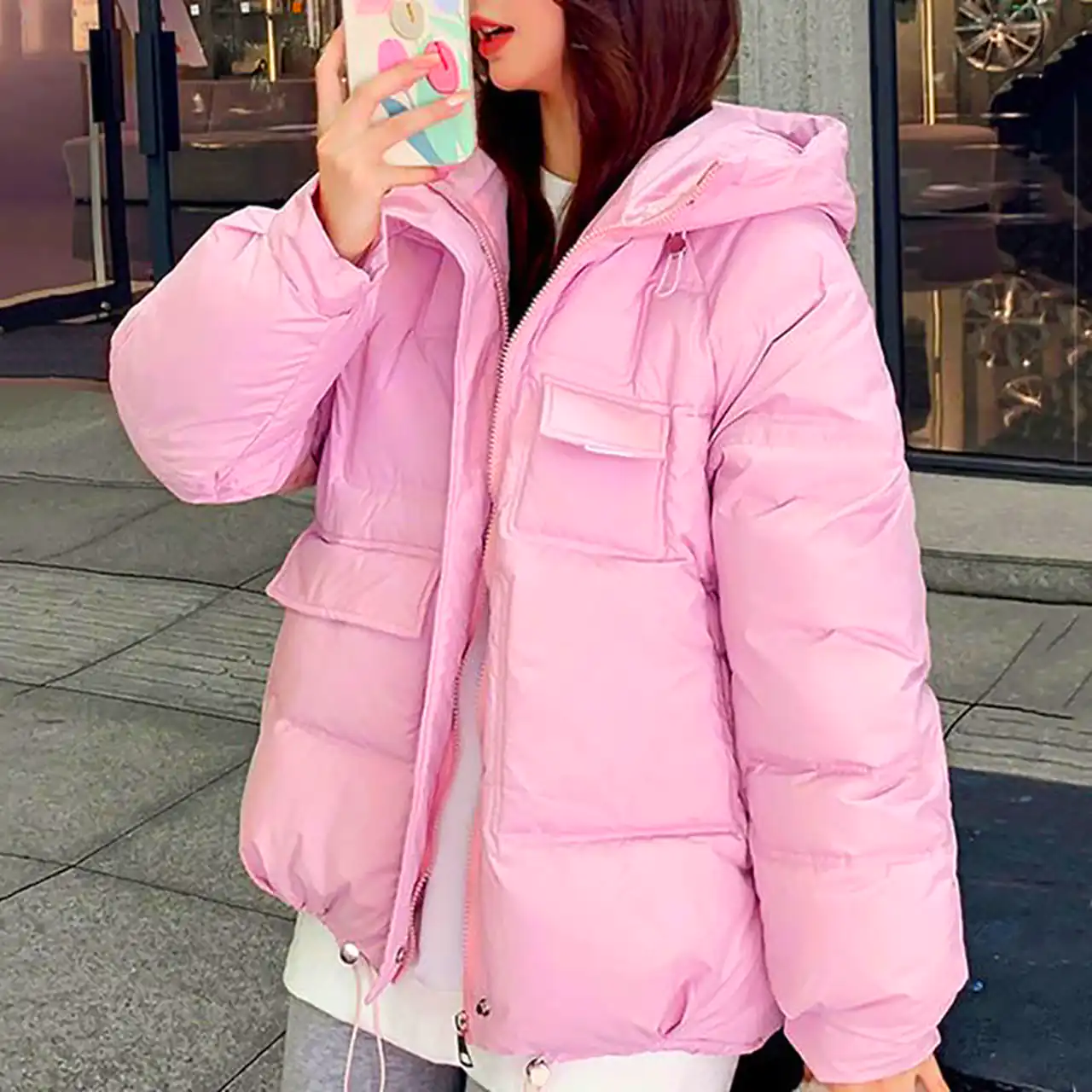 کاپشن صورتی کمرنگ بادی زنانه