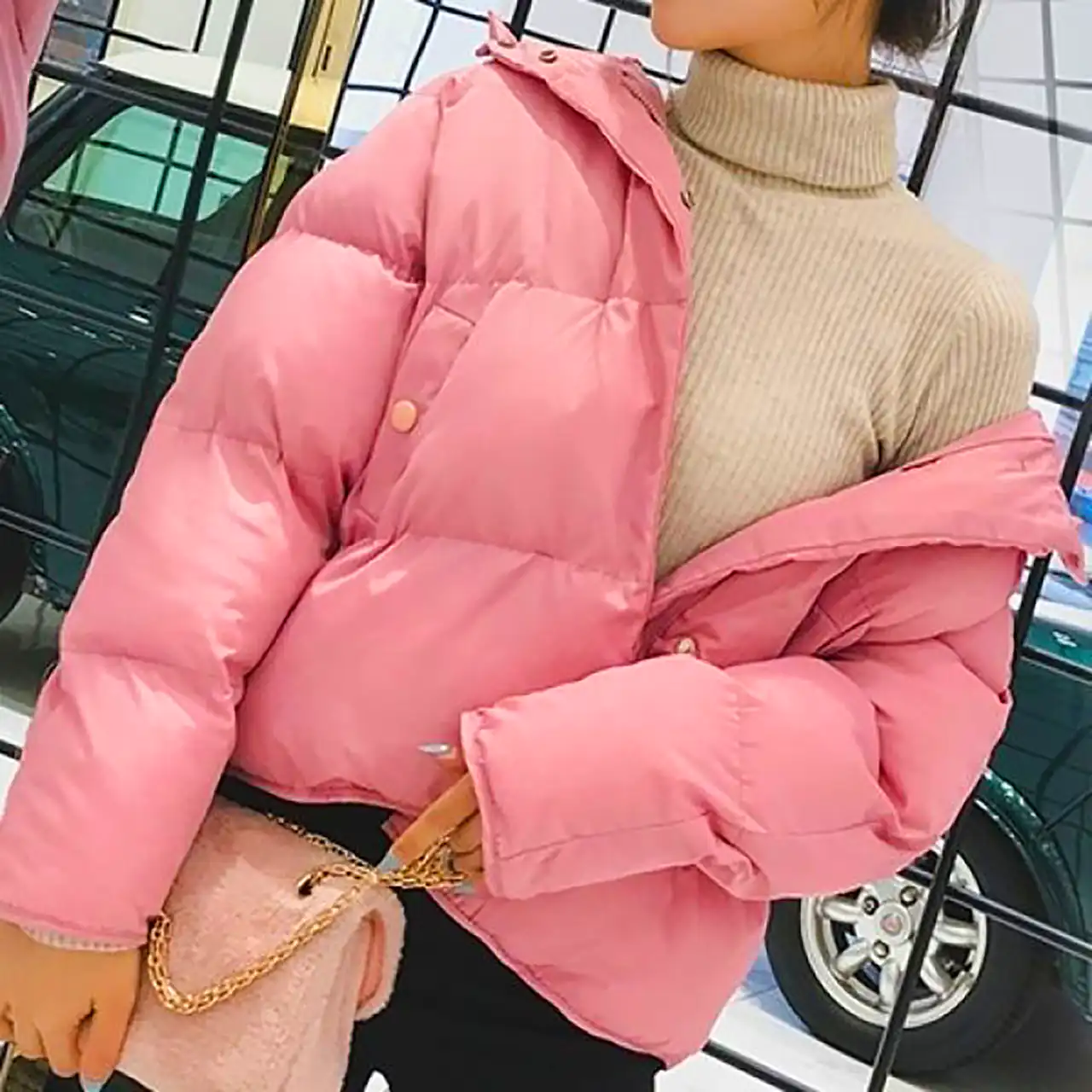 کاپشن صورتی کمرنگ بادی زنانه