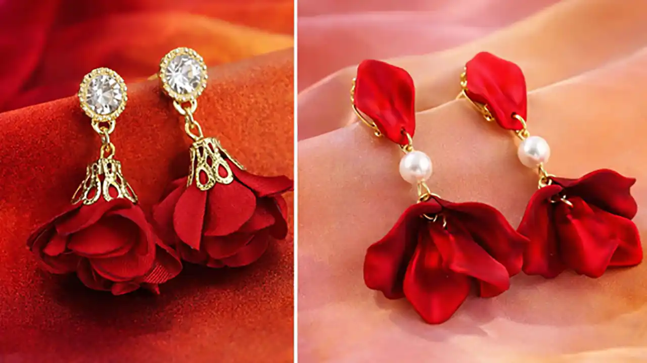 گوشواره گل قرمز آویزی