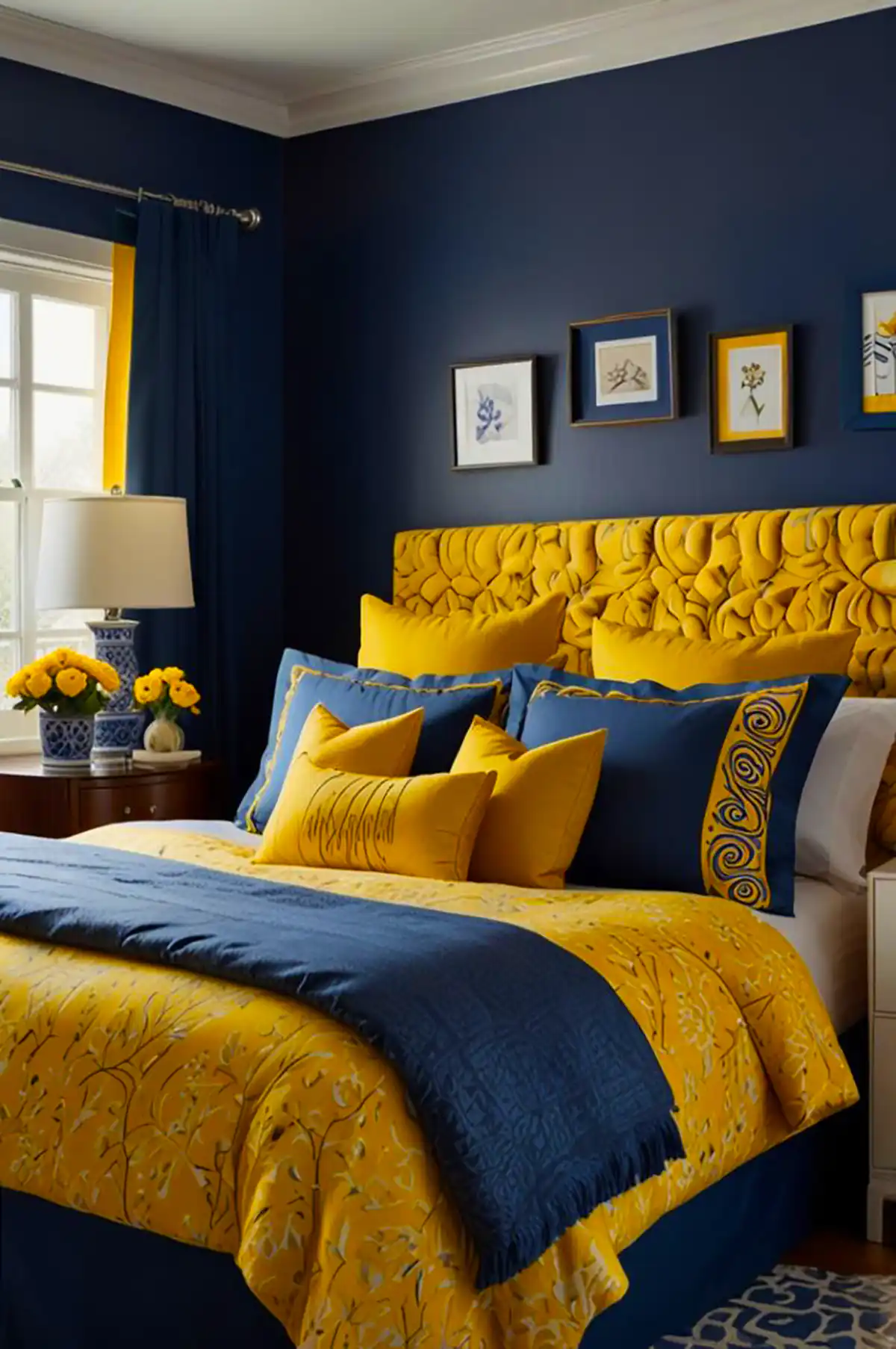 دکور زرد سرمه ای برای اتاق خواب