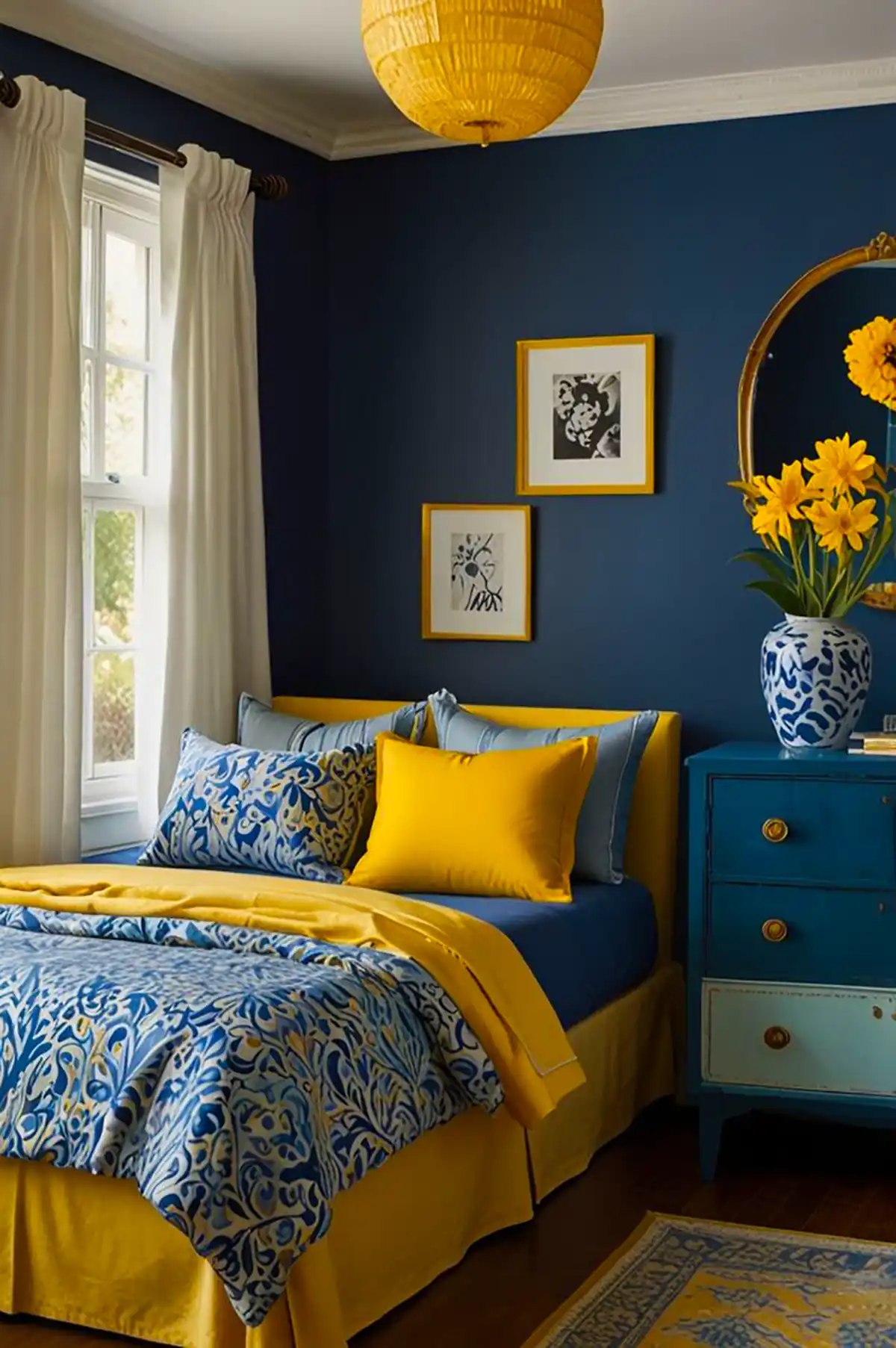 دکور زرد سرمه ای برای اتاق خواب