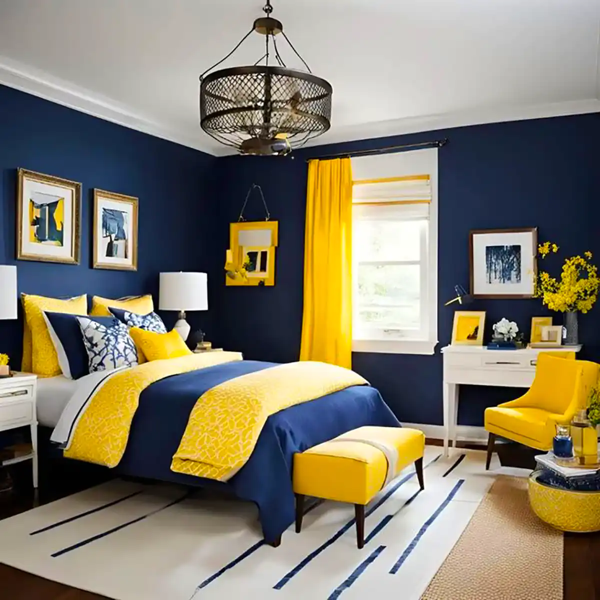 دکور زرد سرمه ای برای اتاق خواب